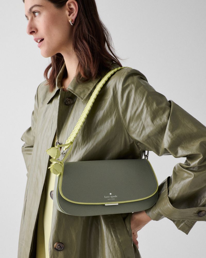 Kate Spade,Quinn Floral Strap Shoulder Bag,Leather,Saddle Bag,Piping,Whipstitch,Floral Embellishment,Day Party,Olive