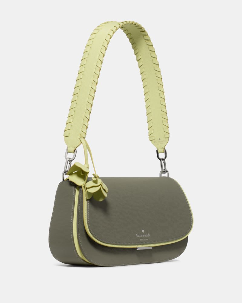 Kate Spade,Quinn Floral Strap Shoulder Bag,Leather,Saddle Bag,Piping,Whipstitch,Floral Embellishment,Day Party,Olive
