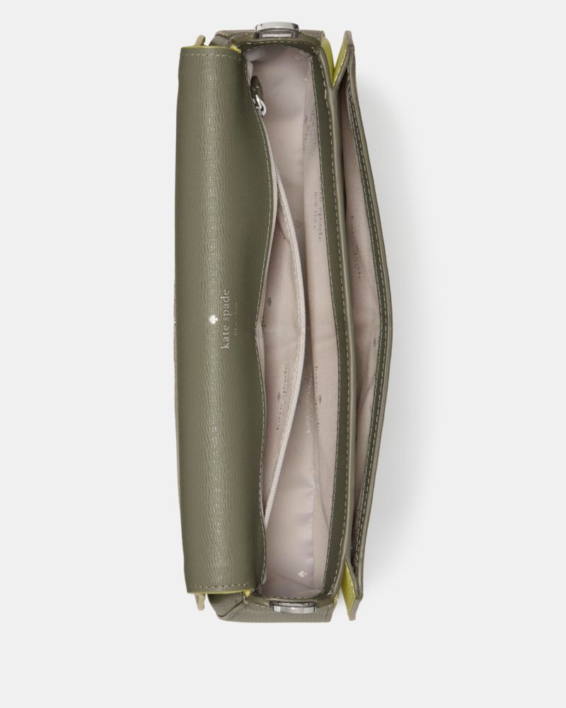 Kate Spade,Quinn Floral Strap Shoulder Bag,Leather,Saddle Bag,Piping,Whipstitch,Floral Embellishment,Day Party,Olive