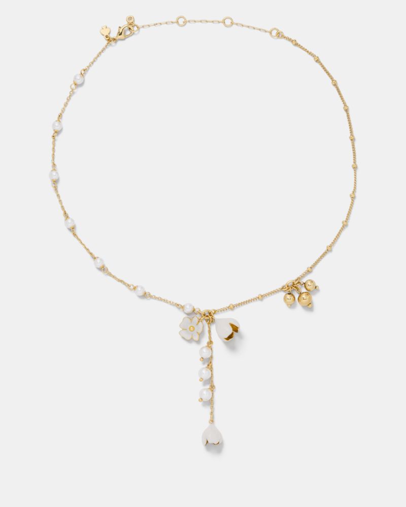 Kate Spade,Golden Bloom Y Necklace,Lariat,Glass,Enamel,3D Embellishment,Bead Embellishment,Pearl,Floral Embellishment,Gold...,