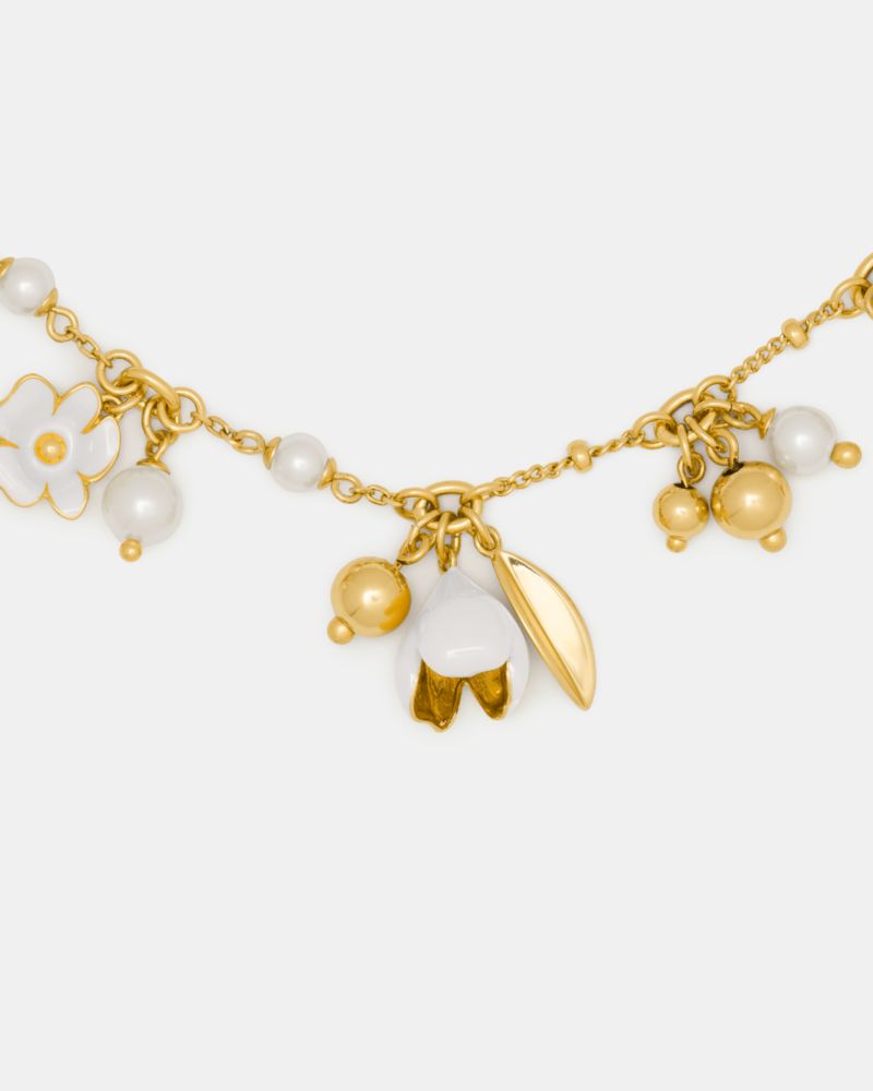 Kate Spade,Golden Bloom Bracelet,Enamel,Glass,Floral Embellishment,Bead Embellishment,Gold Metal,Day Party,White,Gold