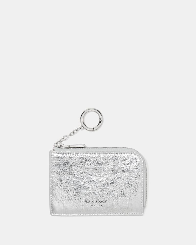 Kate Spade,Crinkle Metallic Mini Zip Card Case,Leather,Card Case,Coin,Casual,Silver