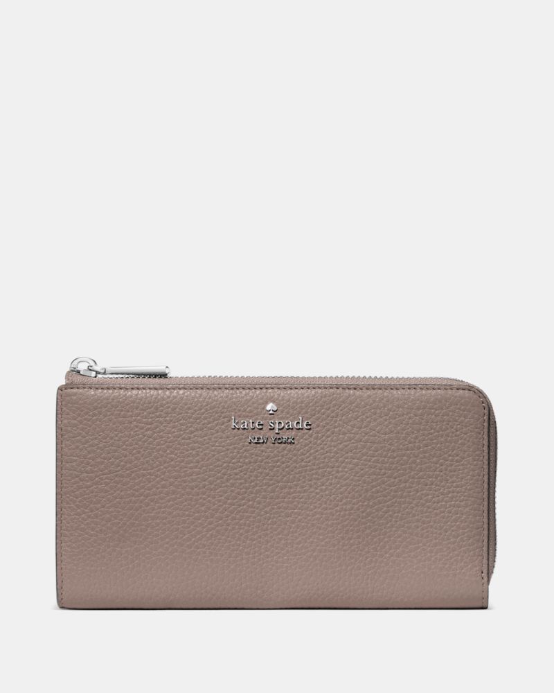 Kate Spade,Large Slim L-Zip Wallet,Leather,Card Case,Metal Material,Logo,Gold Metal,Casual,