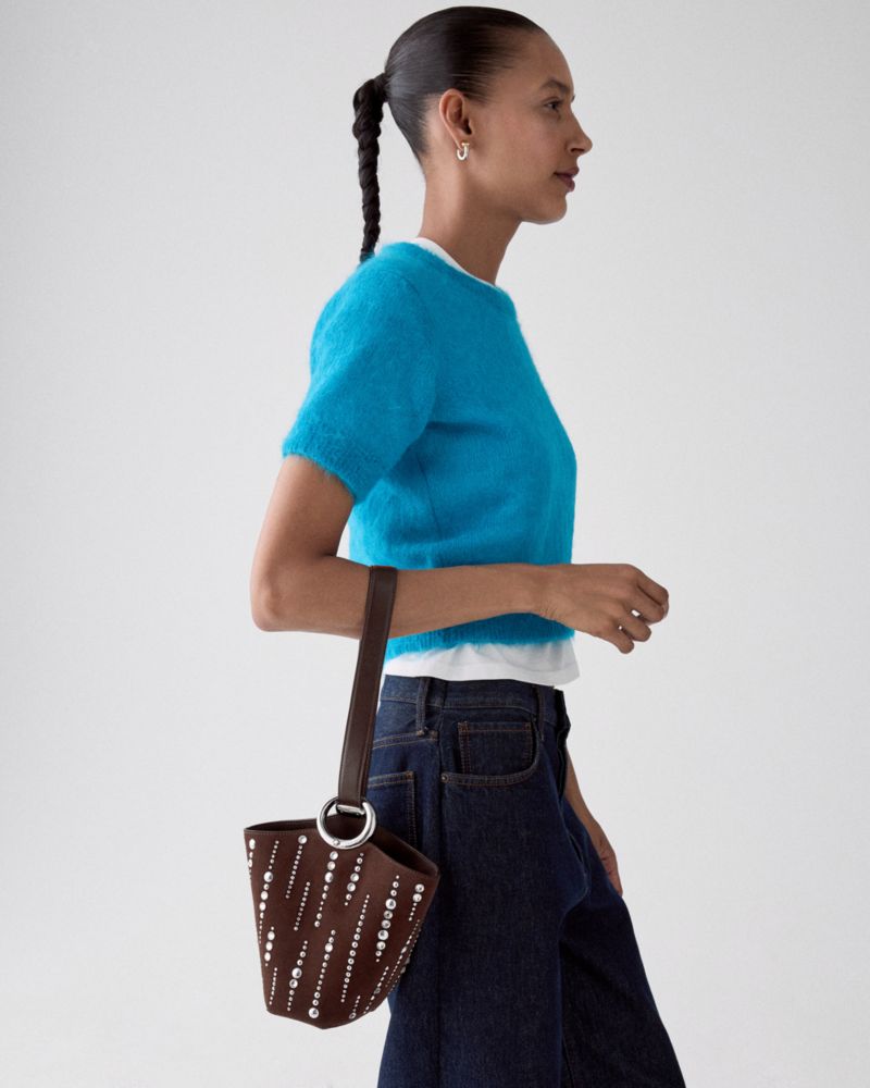 Halo Embellished Suede Mini Bucket Bag
