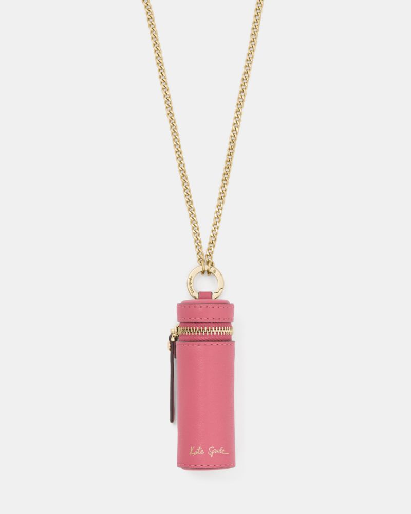 Kate Spade,Charmed Lipstick Lanyard,Leather,Lanyard,Metal Material,Fabric,Zipper Trim,Gold Metal,Casual,Pink