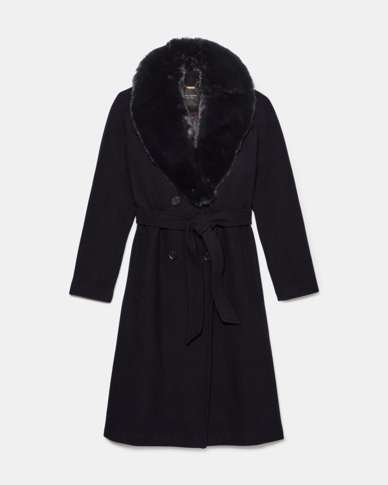 Kate Spade,Faux Fur Collar Belted Long Wool Coat,
