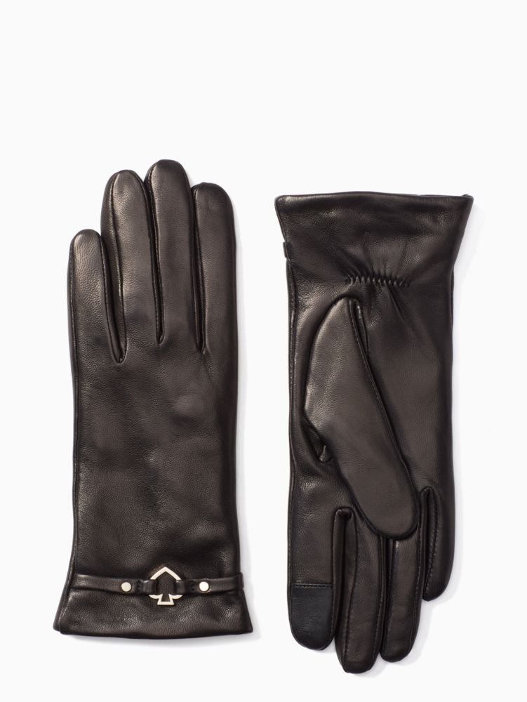 Kate Spade,Cut Out Spade Leather Gloves,Polyester,Leather,Classic Gloves,Logo,Metal,Studded,Casual,Black