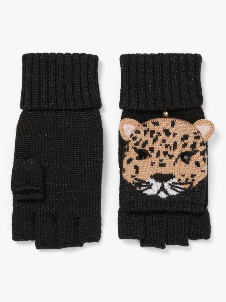 Kate Spade,Leopard Critter Pop Top Mitten,Black
