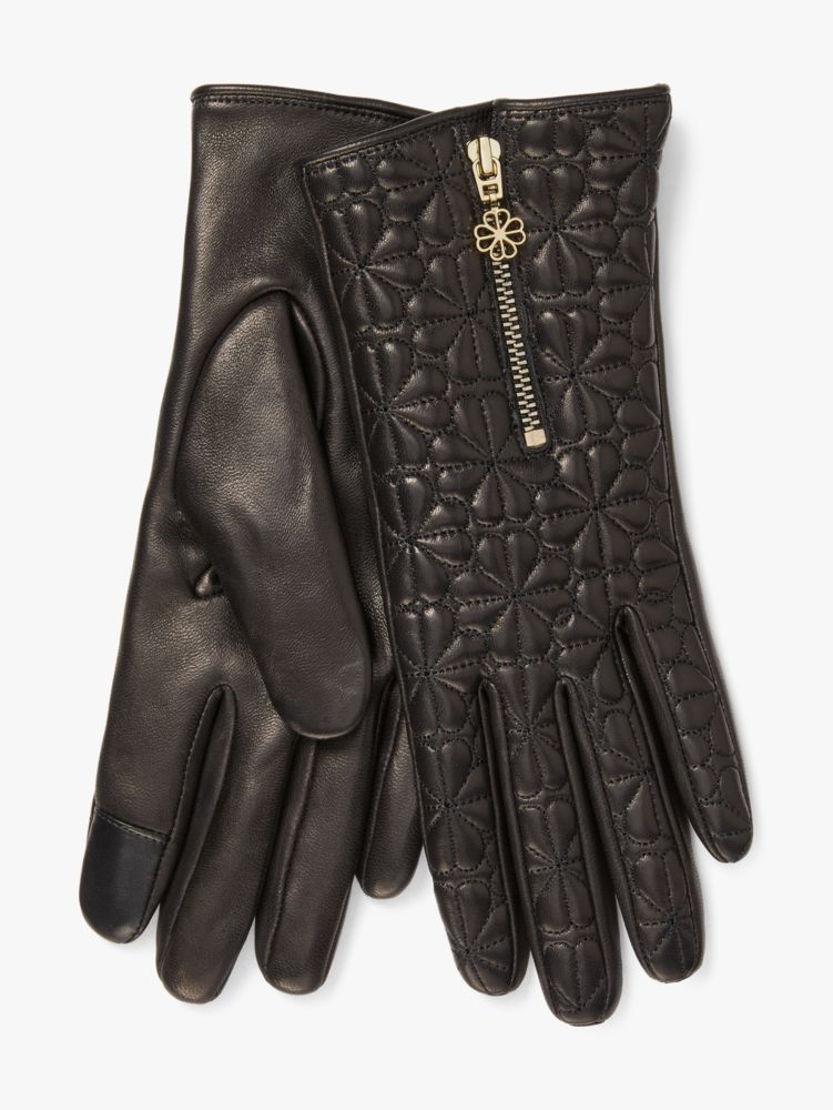 Kate Spade,Quilted Spade Flower Zip Tech Gloves,Black