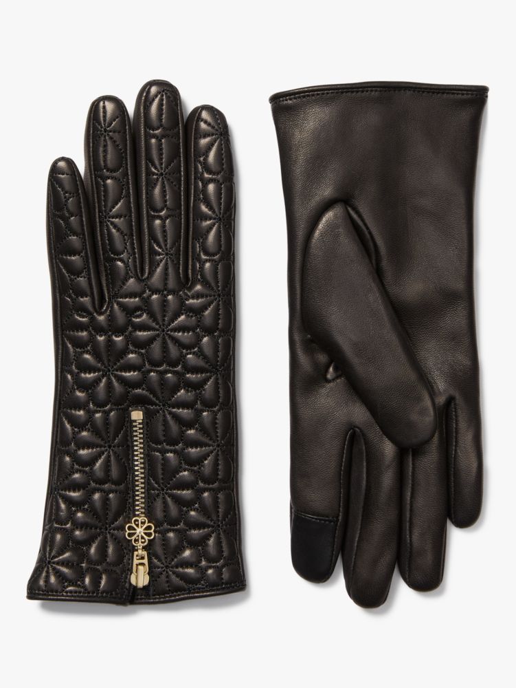 Kate Spade,Quilted Spade Flower Zip Tech Gloves,Black