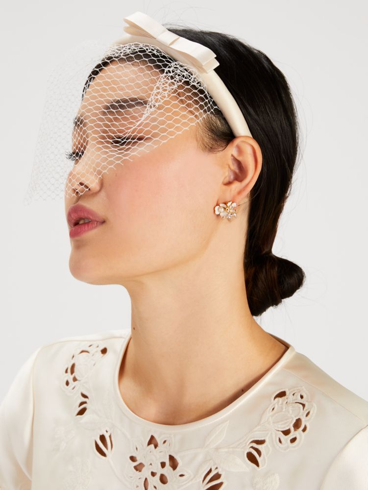 White Dotted Wedding Veil Bow Headband with Pearls