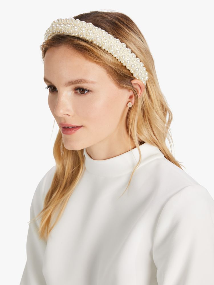 Kate Spade,Bridal Pearl Embellished Satin Headband,Light Cobblestone