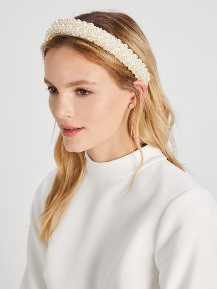 White Dotted Wedding Veil Bow Headband with Pearls