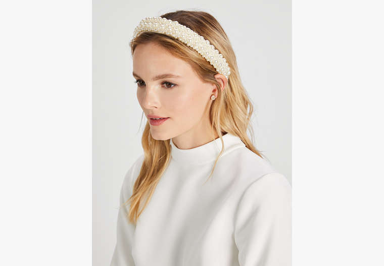 Kate Spade,Bridal Pearl Embellished Satin Headband,Light Cobblestone image number 0