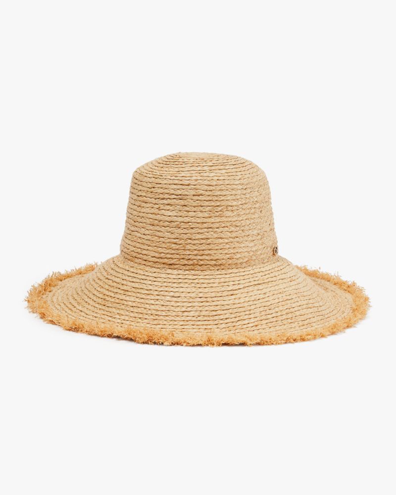 Kate Spade,Fringed Straw Bucket Hat,Raffia,Sun Hat,Straw,Logo,Metal,Frayed,Pool,Beige