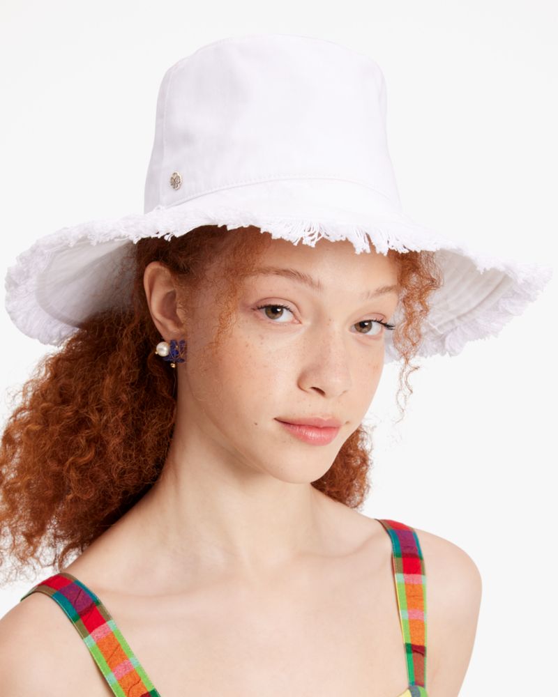 Kate Spade,Fringed Long Brim Bucket Hat,Cotton,Bucket,Fringe,Logo,Metal,Casual,White