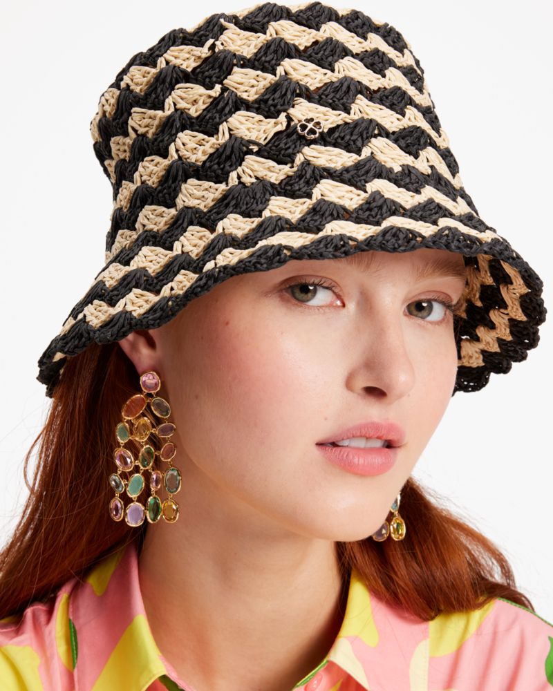 Kate Spade,Seaside Stripe Crochet Bucket Hat,Natural/ Black