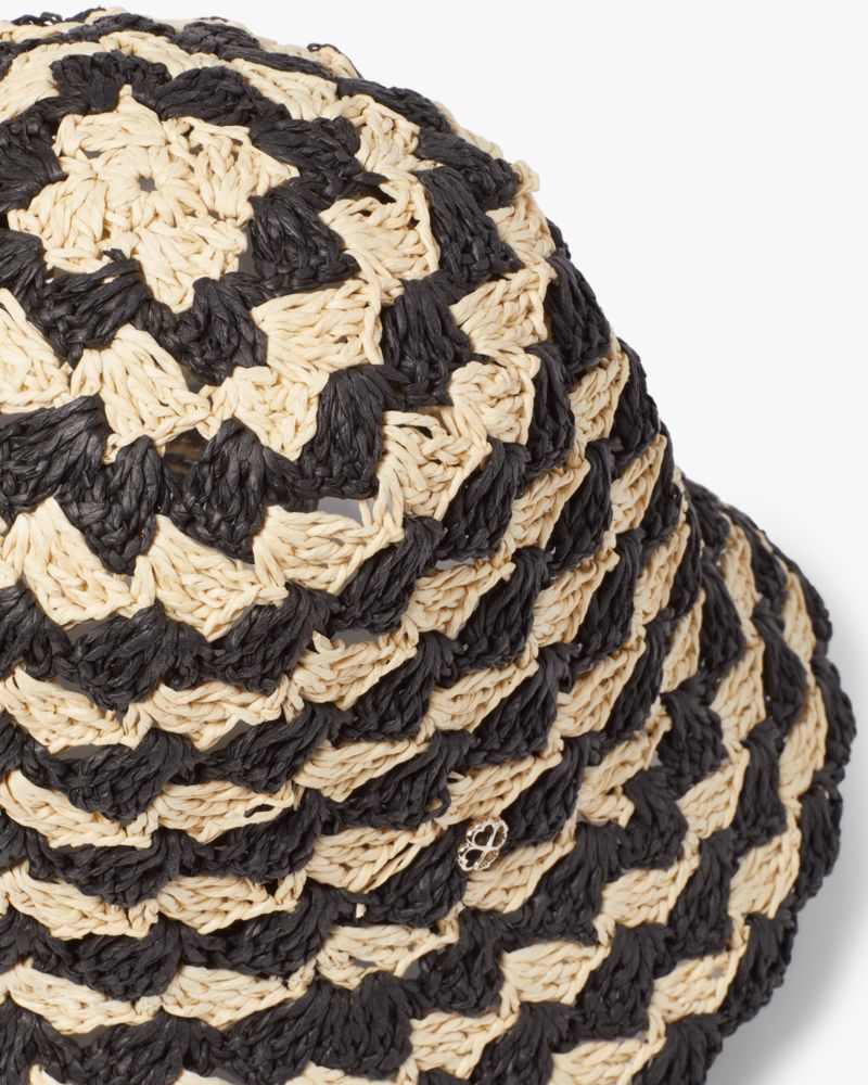 Kate Spade,Seaside Stripe Crochet Bucket Hat,Crochet,Bucket,Straw,Scallop,Metal,Logo,Casual,Multi Color