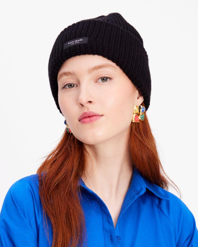 Kate Spade,Sam Label Cuff Beanie,Beanie,Ribbed,Tag Embellishment,Logo,Casual,Black