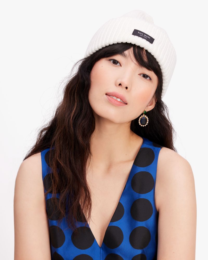 Kate Spade,Sam Label Cuff Beanie,Beanie,Ribbed,Tag Embellishment,Logo,Casual,Multi Color