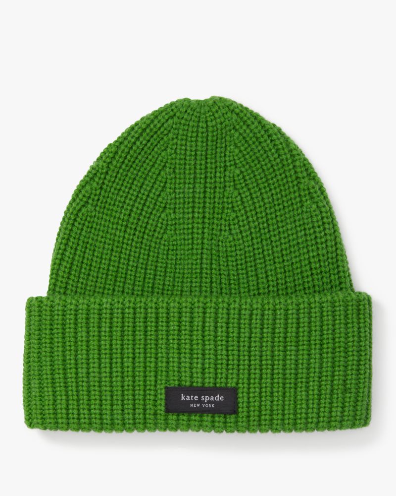 Kate Spade,Sam Label Cuff Beanie,Beanie,Ribbed,Tag Embellishment,Logo,Casual,Green