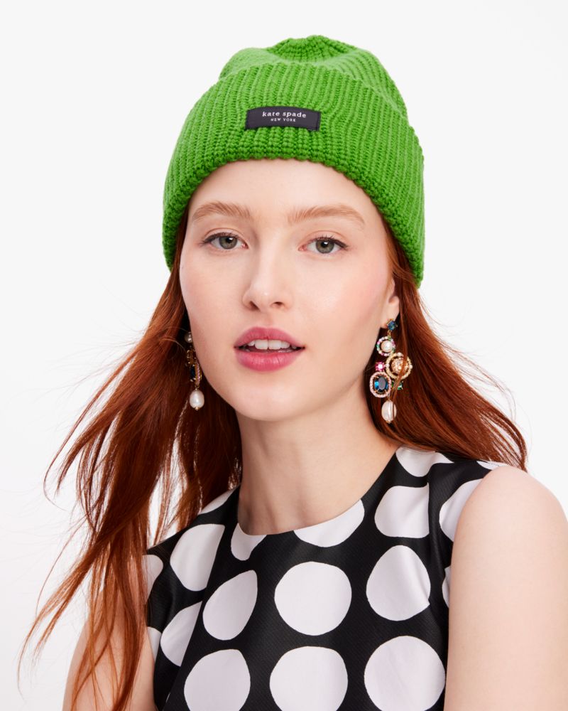 Kate Spade,Sam Label Cuff Beanie,Beanie,Ribbed,Tag Embellishment,Logo,Casual,Green