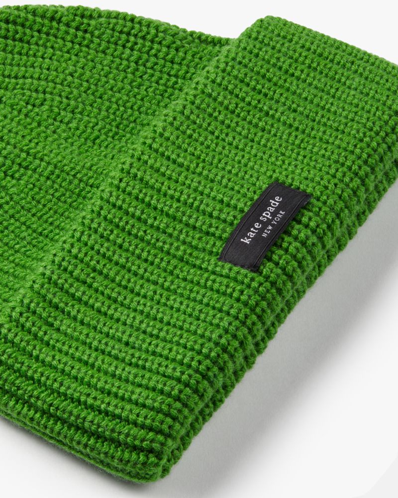 Kate Spade,Sam Label Cuff Beanie,Beanie,Ribbed,Tag Embellishment,Logo,Casual,Green