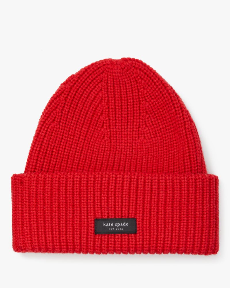 Kate Spade,Sam Label Cuff Beanie,Beanie,Ribbed,Tag Embellishment,Logo,Casual,Red