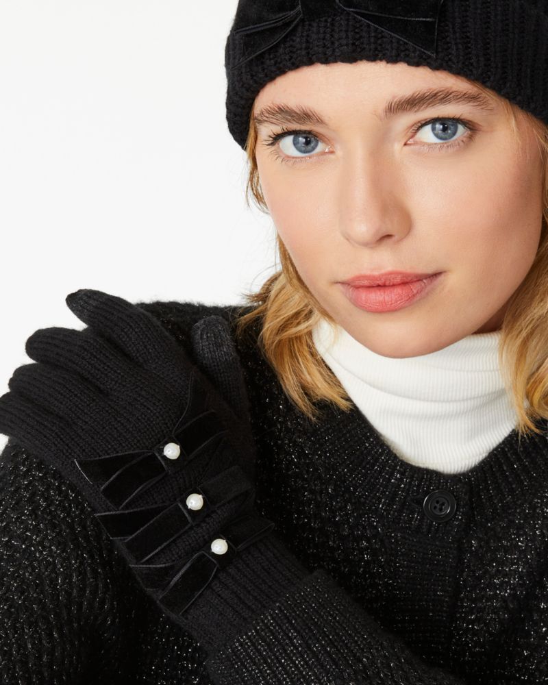 Kate Spade,Velvet Bow Gloves,Black