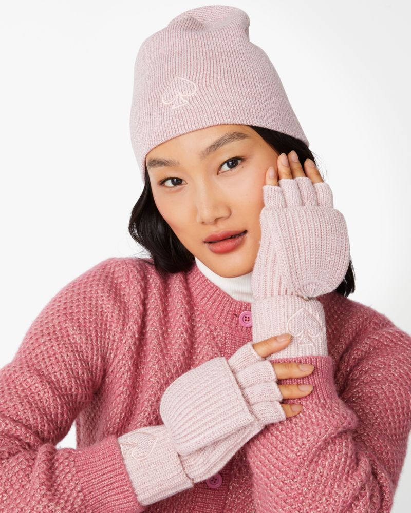 Kate Spade,Metallic Spade Winter Accessories Box Set,Wool,Acrylic,Metallic,Flip Top Gloves,Beanie,Ribbed,Embroidered,Glitt...,Pink