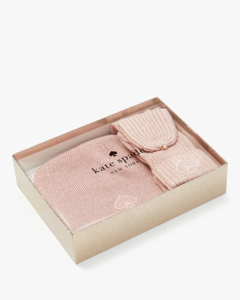 Kate Spade,Metallic Spade Winter Accessories Box Set,Wool,Acrylic,Metallic,Flip Top Gloves,Beanie,Ribbed,Embroidered,Glitt...,Pink