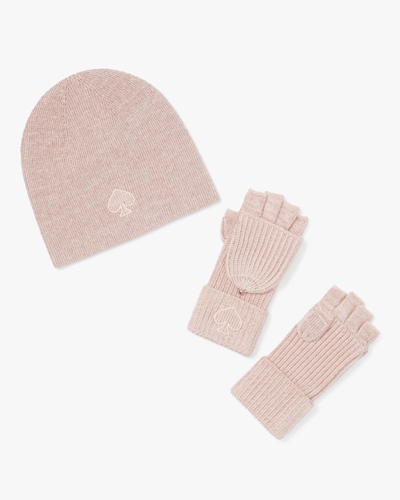 Kate Spade,Metallic Spade Winter Accessories Box Set,Wool,Acrylic,Metallic,Flip Top Gloves,Beanie,Ribbed,Embroidered,Glitt...,Pink