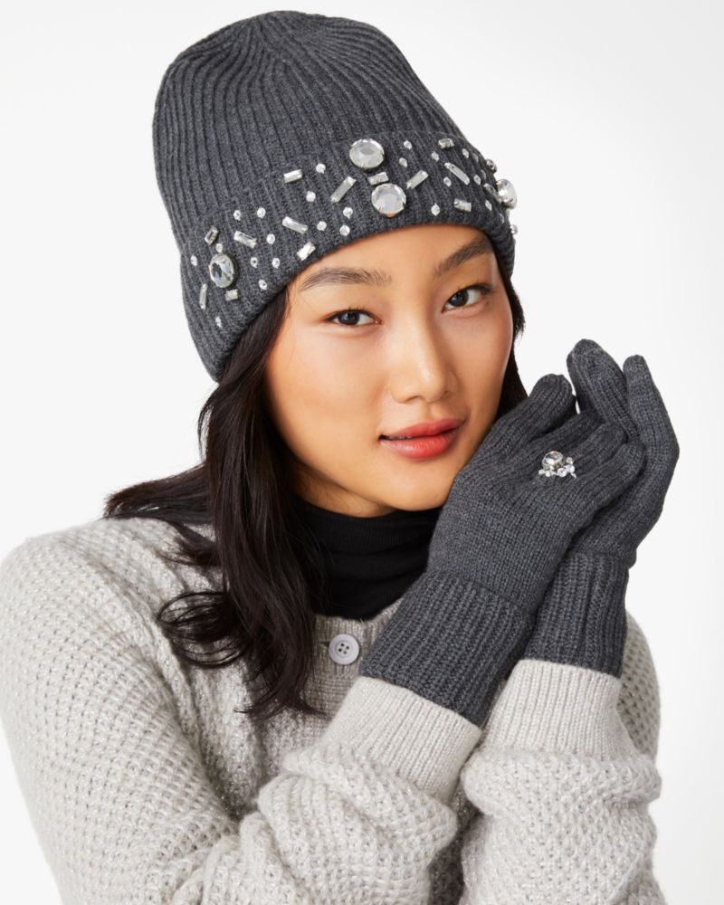 Kate Spade,Gemstones Winter Accessories Box Set,Acrylic,Wool,Beanie,Classic Gloves,Gem Embellishment,Casual,Gray