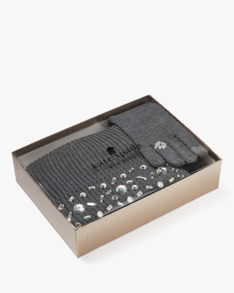 Kate Spade,Gemstones Winter Accessories Box Set,Acrylic,Wool,Beanie,Classic Gloves,Gem Embellishment,Casual,Gray