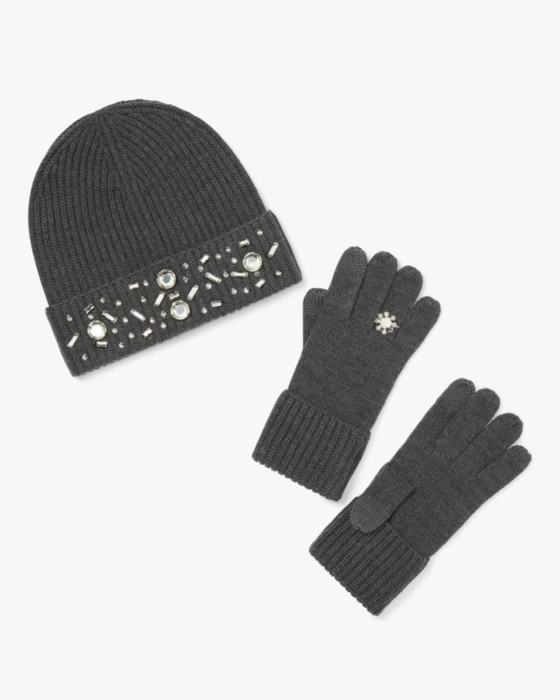 Kate Spade,Gemstones Winter Accessories Box Set,Acrylic,Wool,Beanie,Classic Gloves,Gem Embellishment,Casual,Gray