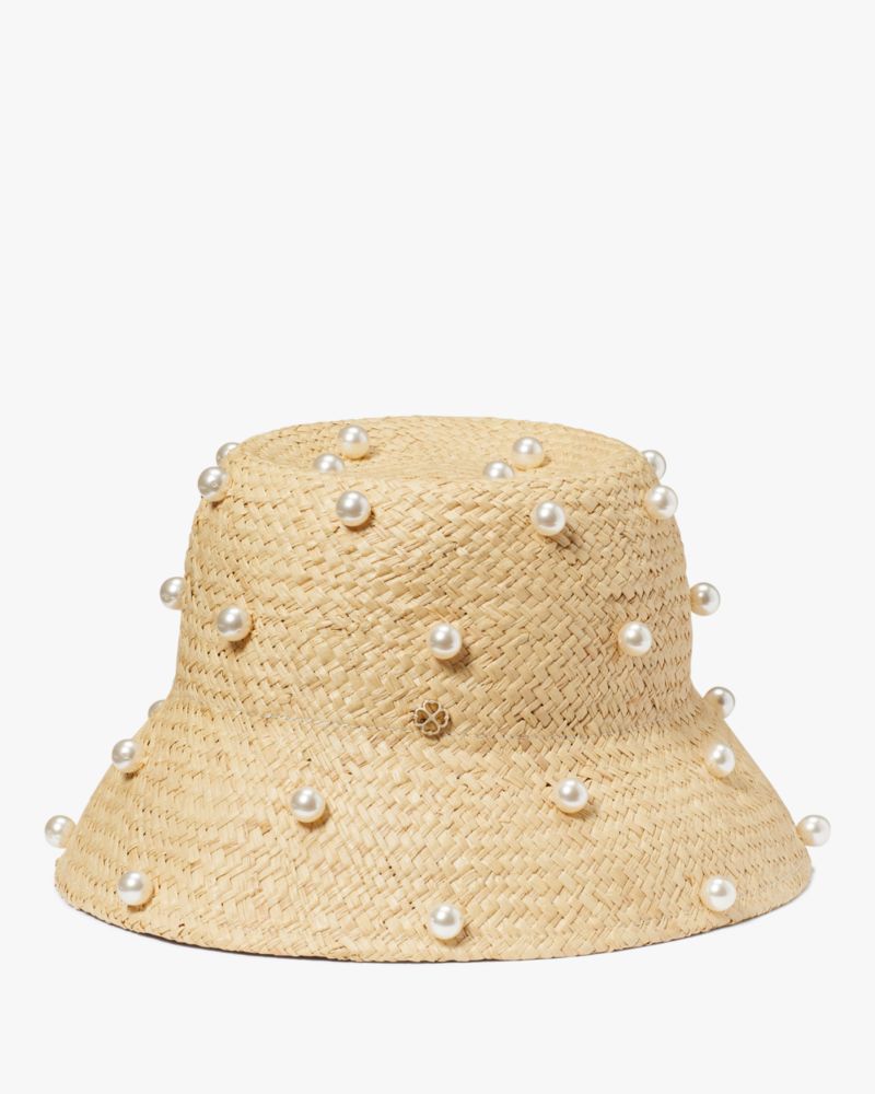 Kate Spade,Pearl Embellished Straw Cloche,Sun Hat,Straw,Logo,Metal,Embellished,Pearl,Day Party,Beige