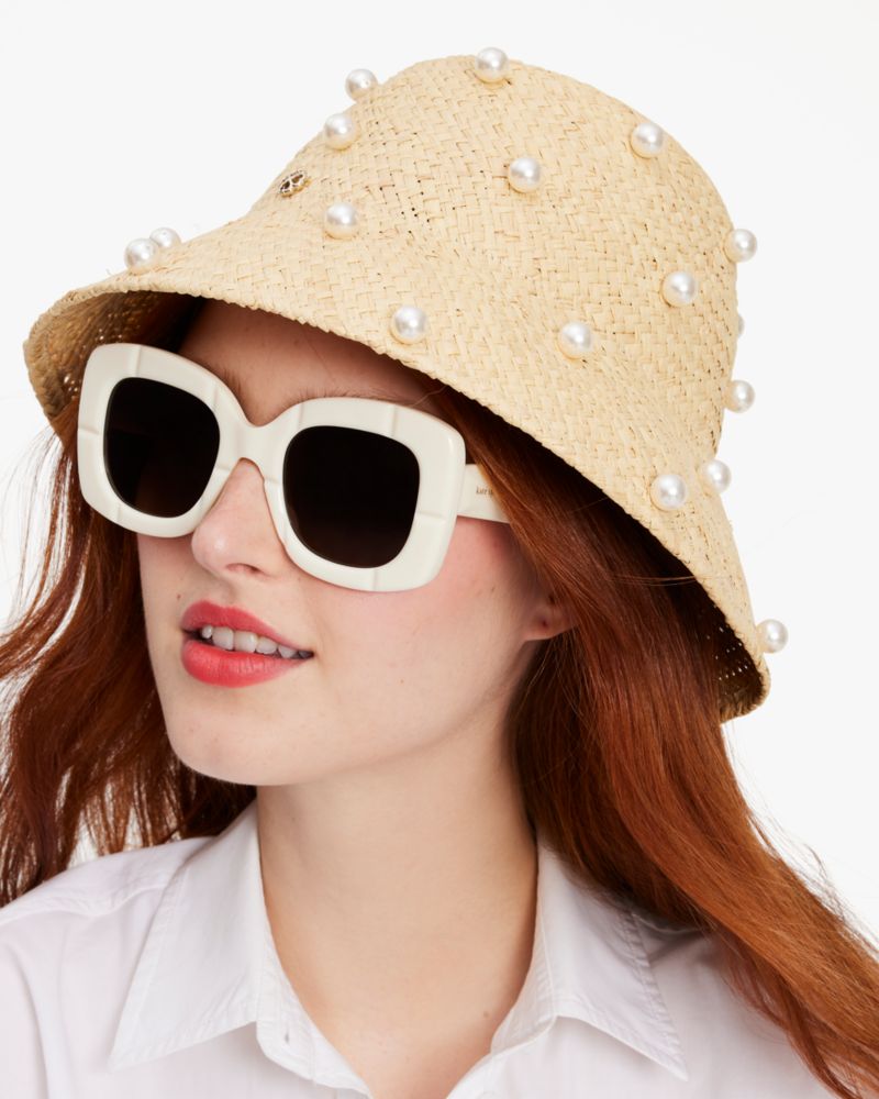 Kate Spade,Pearl Embellished Straw Cloche,Sun Hat,Straw,Logo,Metal,Embellished,Pearl,Day Party,Beige