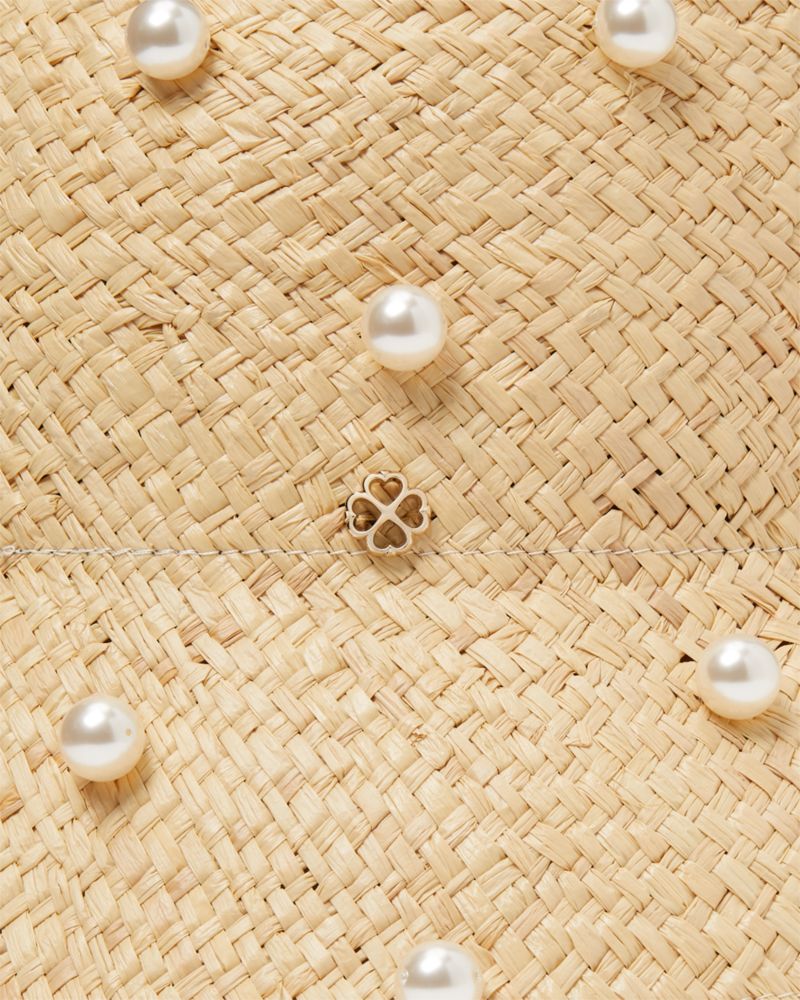 Kate Spade,Pearl Embellished Straw Cloche,Sun Hat,Straw,Logo,Metal,Embellished,Pearl,Day Party,