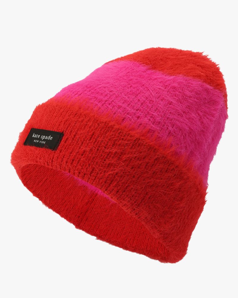 Kate Spade,Awning Stripe Fuzzy Beanie,Acrylic,Fuzzy Knit,Beanie,Tag Embellishment,Logo,Casual,Multi Color