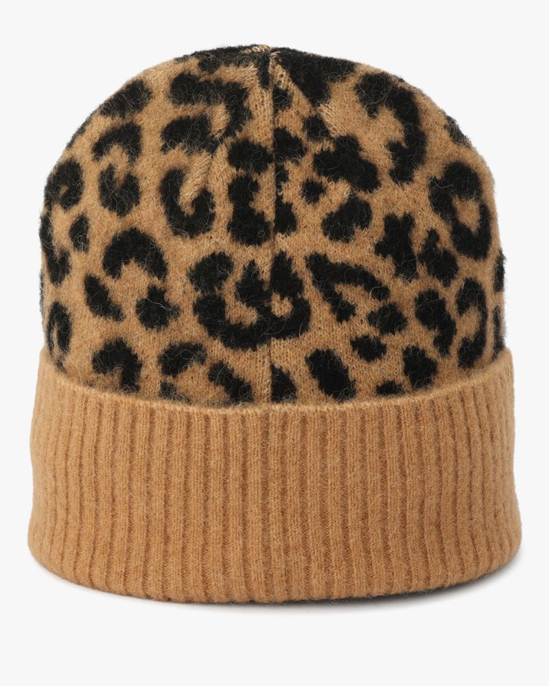 Kate Spade,Classic Leopard Beanie,Beanie,Metal,Logo,Casual,Beige