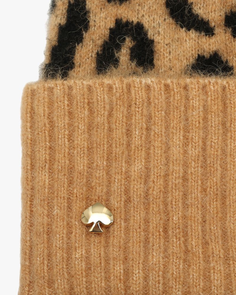 Kate Spade,Classic Leopard Beanie,Beanie,Metal,Logo,Casual,Beige