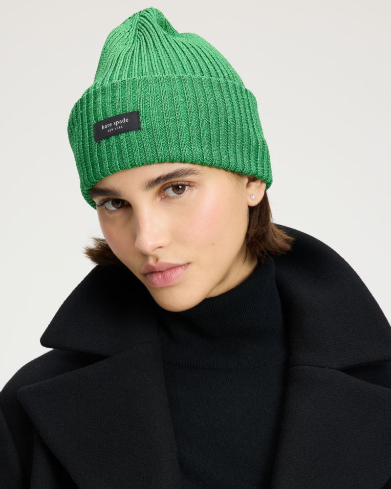 Kate Spade,Metallic Sam Label Beanie,Metallic,Beanie,Tag Embellishment,Logo,Casual,Green