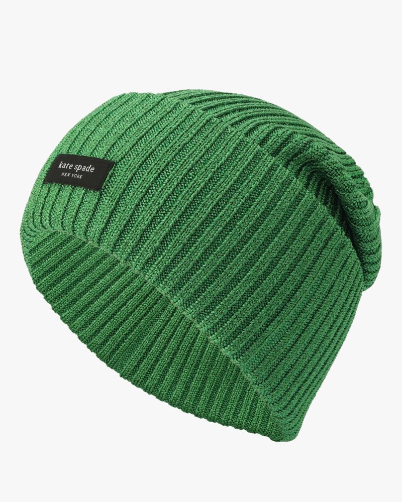 Kate Spade,Metallic Sam Label Beanie,Metallic,Beanie,Tag Embellishment,Logo,Casual,Green