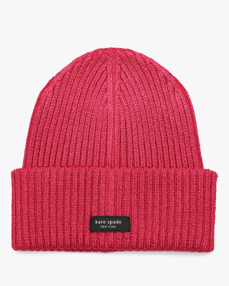 Kate Spade,Metallic Sam Label Beanie,Metallic,Beanie,Tag Embellishment,Logo,Casual,Red