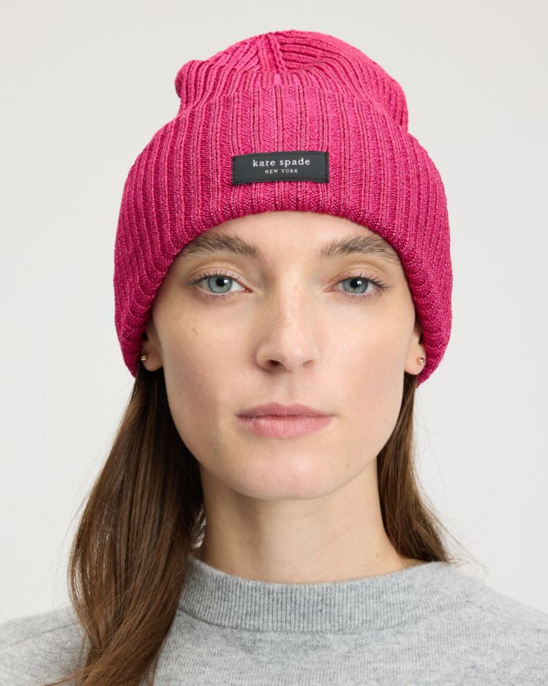 Kate Spade,Metallic Sam Label Beanie,Metallic,Beanie,Tag Embellishment,Logo,Casual,Red