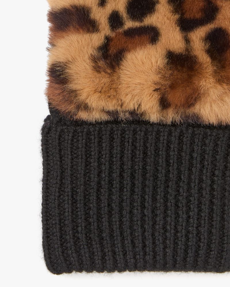 Kate Spade,Leopard Faux Fur Mittens,Polyester,Mittens,Fur Embellishment,Casual,Multi Color