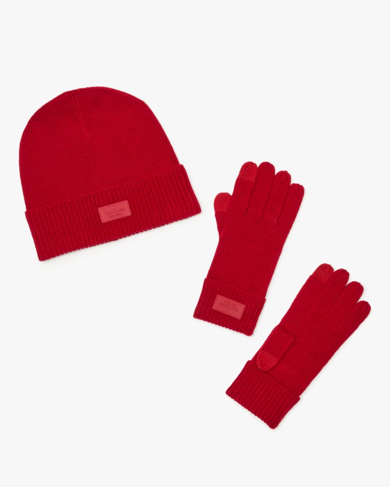 Kate Spade,Logo Patch Beanie Set,Red,Multi Color