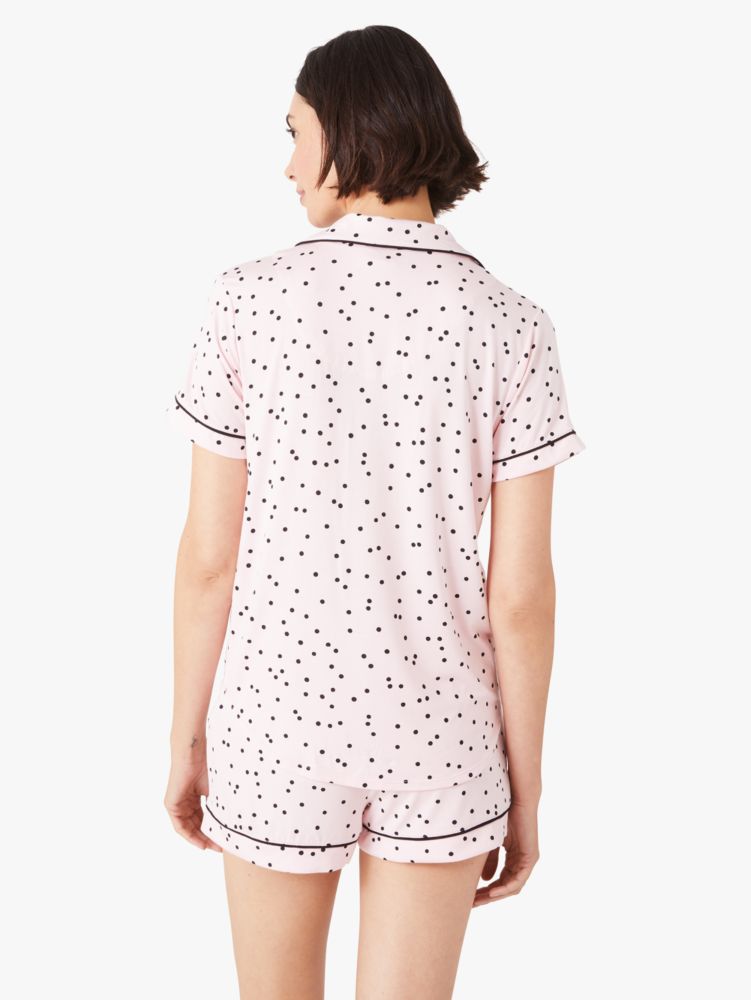 Kate Spade,Short Pj Set,Jersey,Spandex,Modal,Straight,Button Down,Piping,Color Block,Bow,Sleepwear,Pink