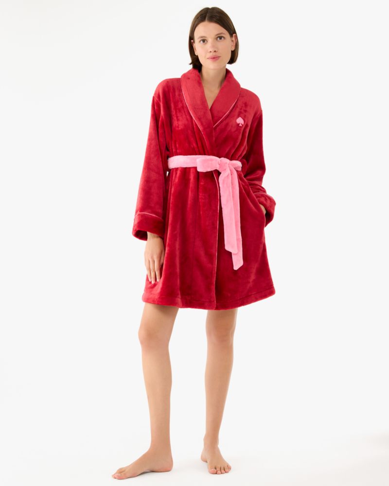 Kate Spade,Chenille Robe,Wrap Robe,Logo,Tie Belt,Color Block,Indoor,Red
