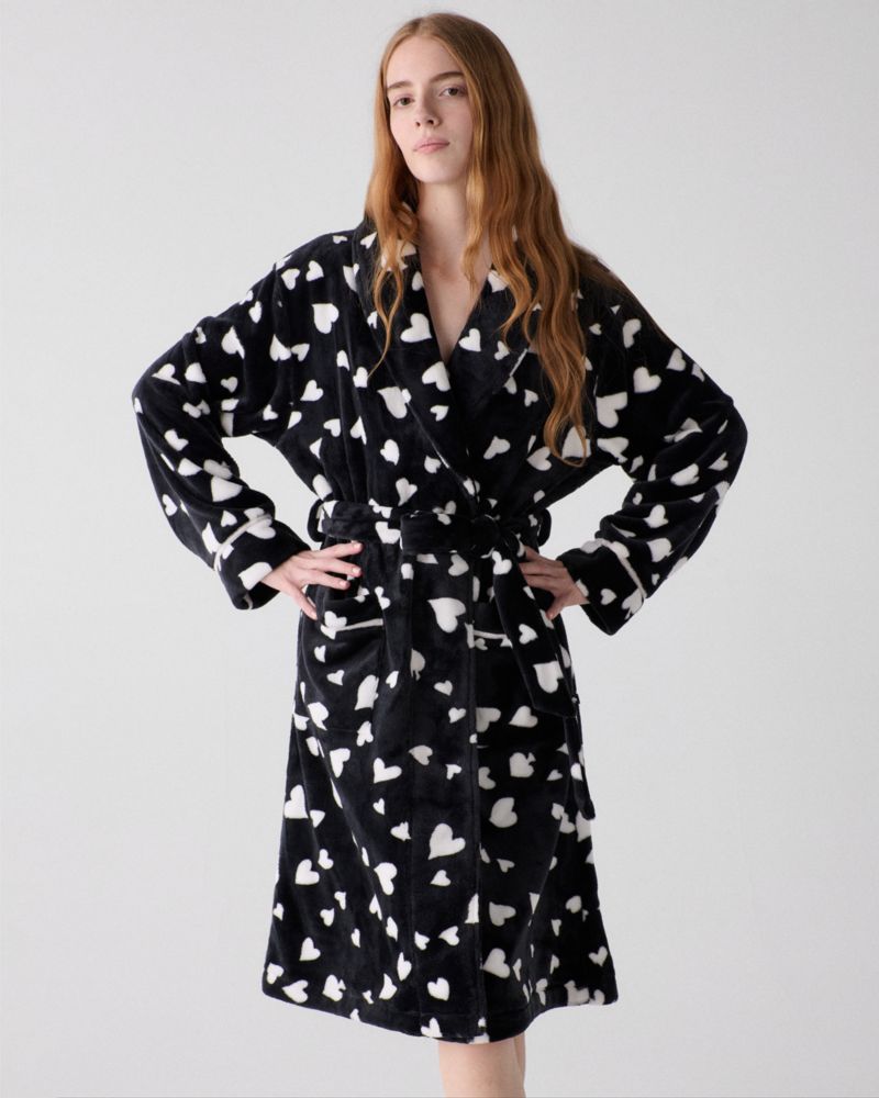 Kate Spade,Heart Swirl Long Robe,Polyester,Wrap Robe,Tie Belt,Black
